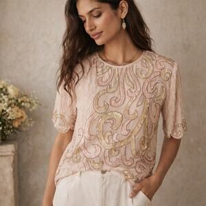 Vintage 80s Rina Z Pink Sequined Cocktail Shirt Blouse Top L